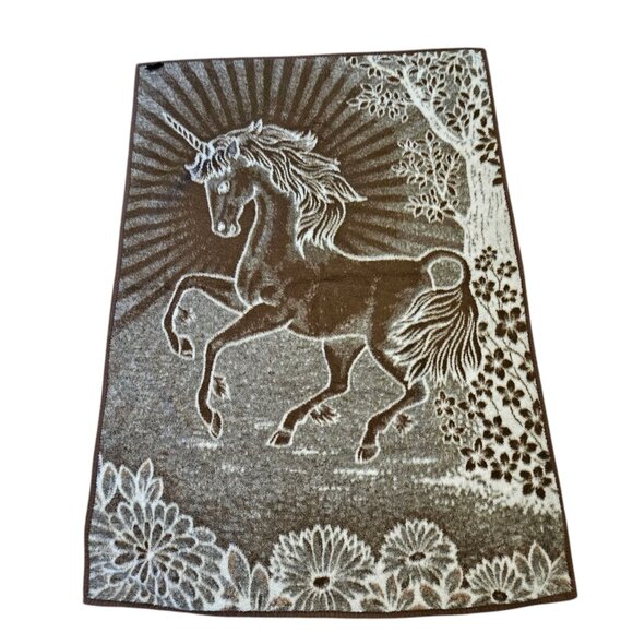 Vintage Cannon Ibena Unicorn Blanket Reversible Brown Soft Made In Greece 57x77" - Picture 5 of 10